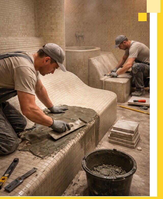 Лежаки для хамама под ключ в Новосибирске, проект и монтаж