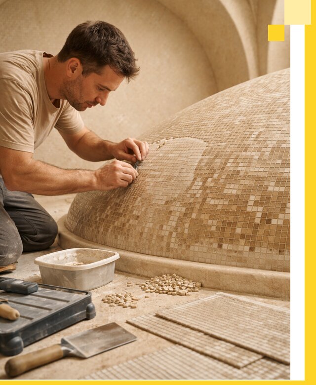 Профессиональная укладка мозаики для хамама под ключ в Новосибирске